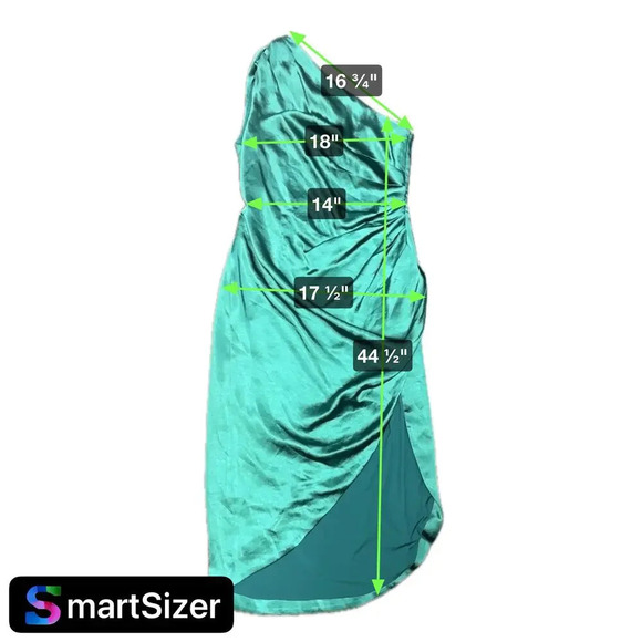 New Elliatt Cassini Emerald Green Satin One Shoulder Side Ruched Dress Women's L - Picture 12 of 14